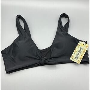 Shekini Black Tie Front Bikini Top V-Neck Medium NWT Ribbed Vacation Boho